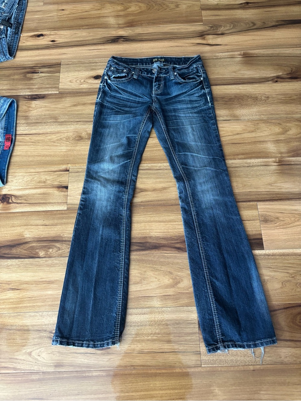 Dark Blue Flare Jeans with Subtle Whiskering - Women's